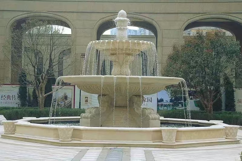 丽水 黄金麻花岗岩异型加工——户外庭院石雕流水喷泉